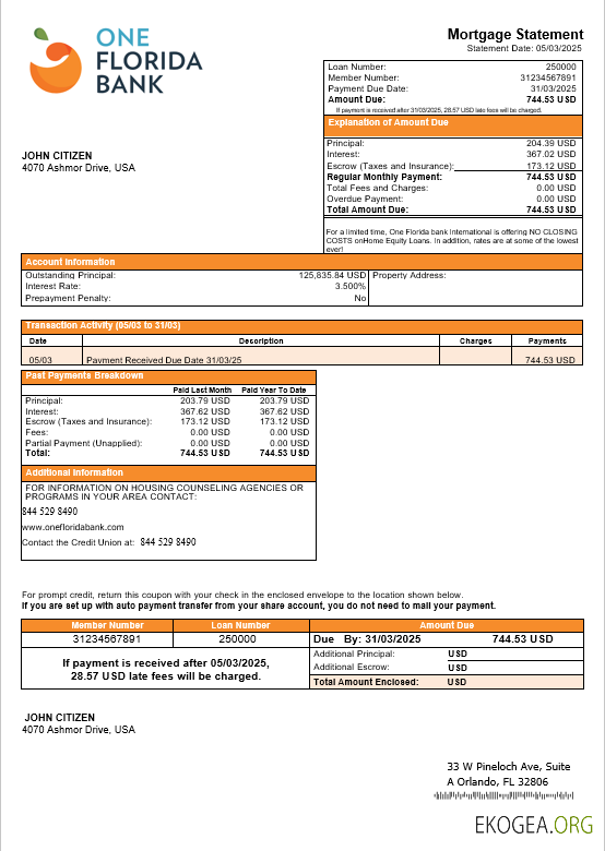Relevé hypothécaire de la banque USA One Florida aux formats Word et PDF